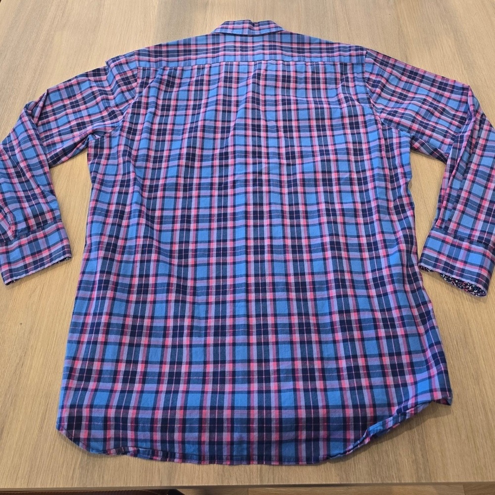 Tailorbyrd Mens Large Blue Pink Plaid Button Down Shirt Floral Trim Cotton Blend - Picture 9 of 9